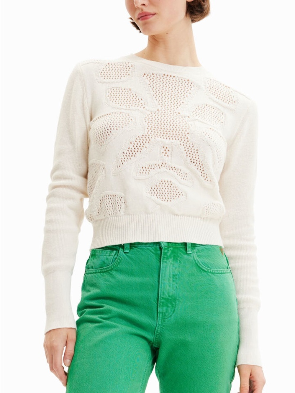 Desigual Openwork Flower Pullover Cotton Sweater | Cream | Large